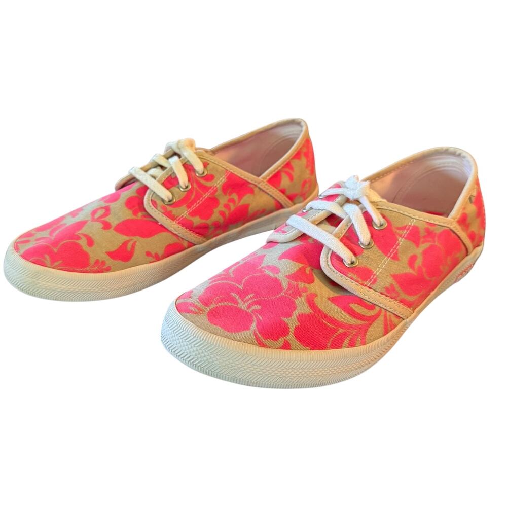 Roxy Pink Gray Floral Lace Up Sneakers Shoes Size 10